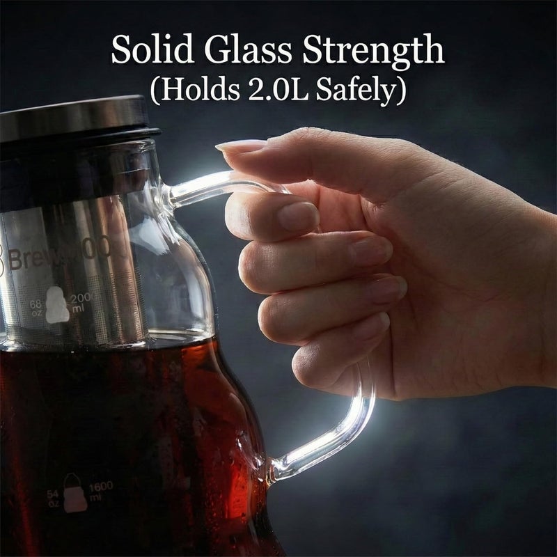 BrewMOO - Cold Brew Coffee Maker (2.0L/68Oz), Sleek Wave Borosilicate Glass Pitcher with Stainless Steel Filter, Airtight Lid + Wide Spout + Comfort Handle, Effortless Manual, Sophisticated Gift - Image 4